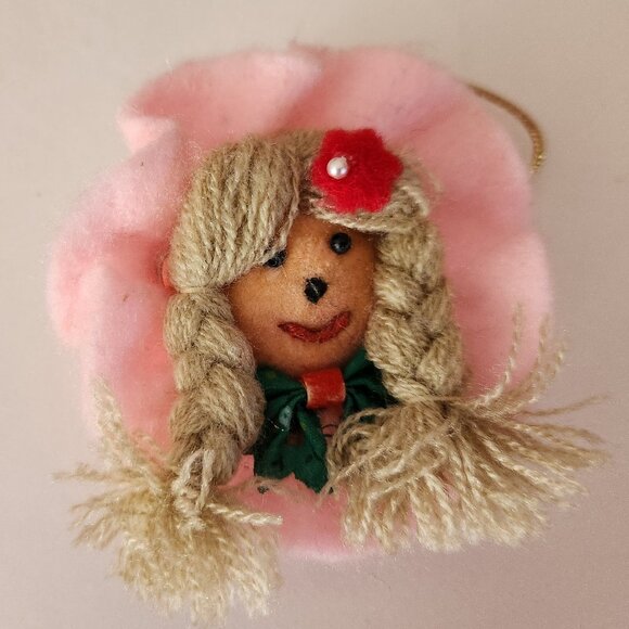 Vintage Felt and Yarn Christmas Ornament Girl with Hat and Braids - Picture 1 of 5